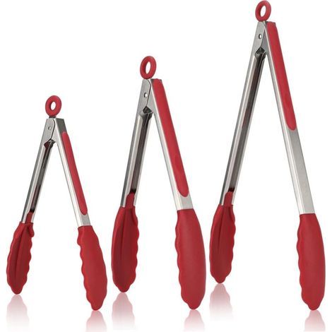 Pince Cuisine Lot de 3 Pinces Barbecue en 18/8 Acier Inoxydable Ustensiles Cuisine avec Poignée Silicone Résistante à La Chaleur 315℃ Pince Buffet Anti-adhé, sans BPA-Rouge (1/5)