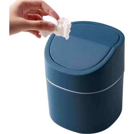 Petite poubelle de bureau, 2 l, avec couvercle, pour coiffeuse, bureau, table de chevet, chambre à coucher (bleu) (1/4)