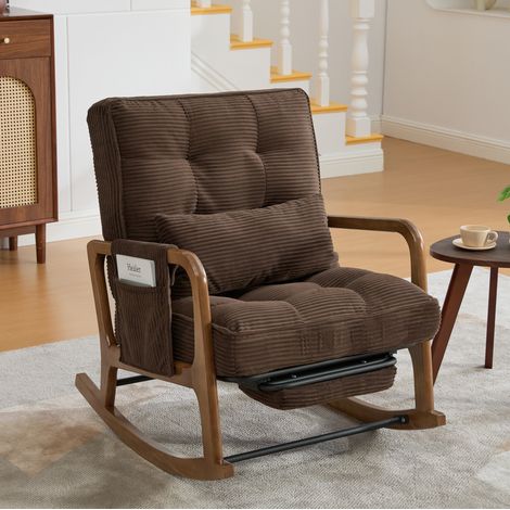 Fauteuil à bascule en velours côtelé marron avec repose-pieds, dossier réglable HAVRYA (1/5)