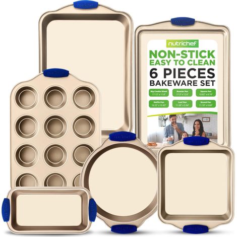 NutriChef Set 6 Teglie da Forno Antiaderente, Acciaio al Carbonio con Manici in Silicone, Stampo per Pane, Stampo per Muffin/Cupcake, Padelle da Arrosto Rotonde e Quadrate, Foglio per Biscotti (1/5)