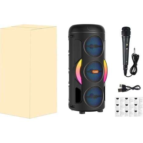 Enceinte Bluetooth (noire) avec caisson de basses, microphone haute puissance et enceinte karaoké sans fil (1/5)
