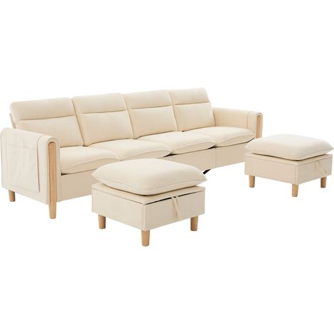 Divano modulare a U a 4 posti in ciniglia beige con 2 pouf contenitore e gambe in legno (1/5)