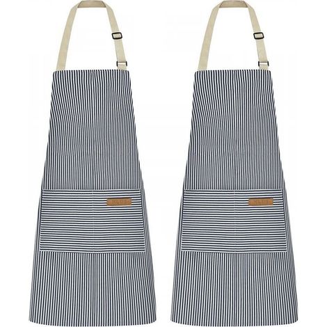 Tabliers à fines rayures bleues, 68 x 75 cm, lot de 2, tabliers de cuisine à tour de cou ajustable pour restaurants et usage domestique (1/5)