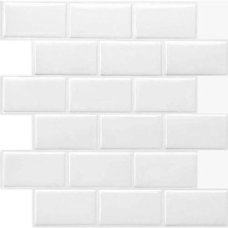 Credence Adhesive pour Cuisine - Subway Blanc, Carrelage Adhesif Mural salle de bain 3D, Lot de 6 (30,5x30,5 cm), Imperméable & Facile à Poser (1/4)