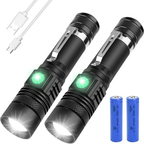 USB Rechargeable Flashlight, 2 LED Torches, 3 Modes, Waterproof, Shockproof and Zoomable with 2 18650 Batteries and USB Charger for Home Use, Camping, Emergency Lighting (1/5)