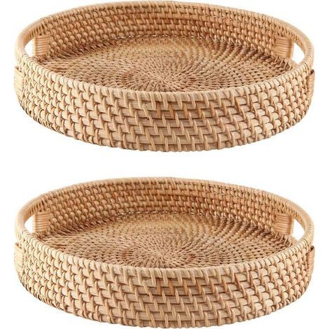 2X Plateau de Service Rond en Rotin Plateaux Ottomans Décoratifs Tissés avec Poignées pour Table Basse Naturel (Petit) (1/4)