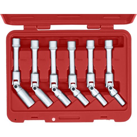Juego de vasos para calentadores articulados extralargos (155mm) con entrada 3/8” 8 a 16 mm, 6 piezas  Juego de vasos para bujias y calentadores 8, 9, 10, 12, 14, 16 mm (1/4)