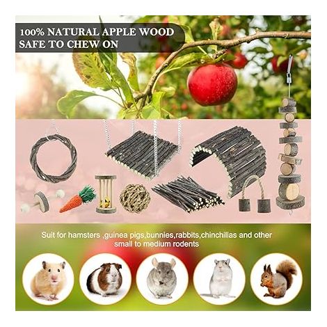 Hamster Toys, Rat, Chinchilla, Hamster Chew Toys, Wood Cage Accessories, Ladder, Bell, Roller for Gerbil, Guinea Pig and Other Small Animals (1/4)