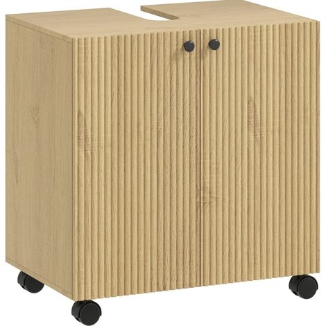 Mobile sottolavabo bagno in legno naturale con ruote e 3 ripiani regolabili (1/5)