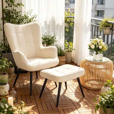 Sillón de Salón con Reposapiés, Respaldo Alto y Reposabrazos, Estructura de Metal, Terciopelo Acanalado, Blanco Crema (1/5)