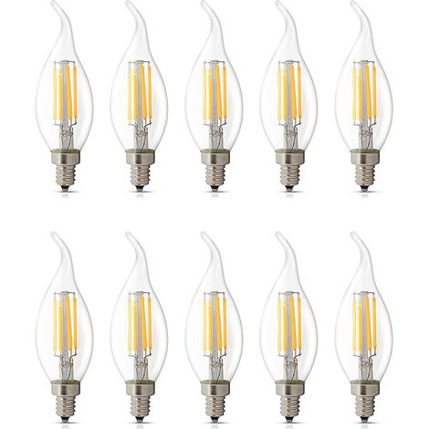 Lot de 10 ampoules LED E14 à intensité variable 4 W, Blanc chaud 2700 K, C35 forme de flamme à pointe inclinée, ampoules LED vintage pour lustre, équivalent à une ampoule halogène candélabre [Classe é (1/5)