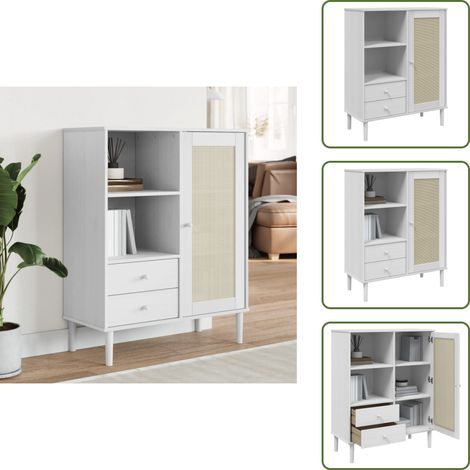 The Living Store Highboard SENJA Rattan-Optik Weiß 90x40x112 cm Kiefernholz - Hochboard - Wohnzimmermöbel - Sideboard - Regal - TV-Schrank