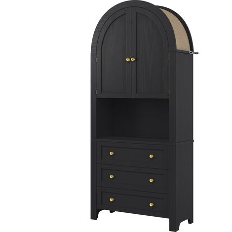 Buffet haut noir avec portes cintrées, 3 tiroirs et niche ouverte, 70 x 35 x 180 cm, MDF (1/5)