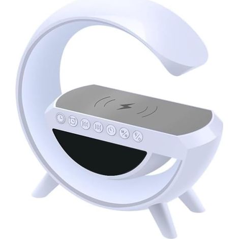 Enceinte Bluetooth 4-en-1 blanche avec chargeur sans fil, réveil numérique et lumière d’ambiance, enceinte portable pour maison (1/5)
