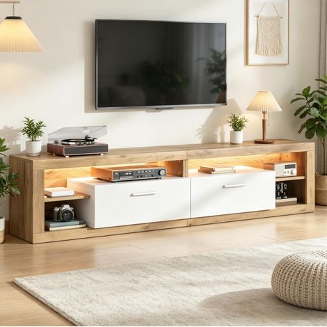 Mueble TV 180x35.5x50 cm color natural en tablero de partículas con LED por app, 2 cajones y 4 huecos (1/5)