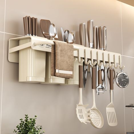 Support mural rangement ustensiles de cuisine multifonction sans perçage, porte-couteau, porte-couverts avec crochets (1/5)