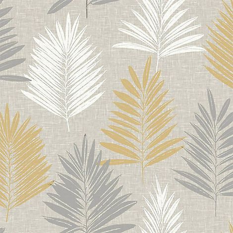Linen Palm Ochre and Grey Wallpaper White Metallic Arthouse (1/4)