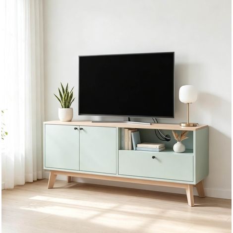 Meuble TV 120 cm en MDF pour TV jusqu'à 36", 2 portes, tiroir, niche, vert clair REDOM (1/5)