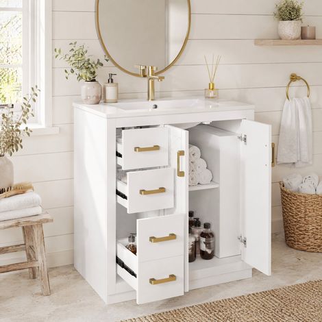 Meuble sous vasque blanc avec 3 tiroirs, rangements latéraux et lavabo en céramique 76,5 cm (1/5)