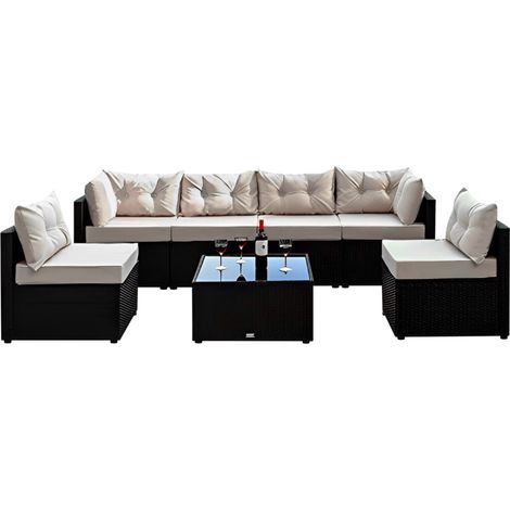 Concept-Usine – Salon de jardin modulable 6 places en résine tressée – Coussins déhoussables beige – Table basse en verre trempé – Dimensions 274 x 137 x 63,5 cm