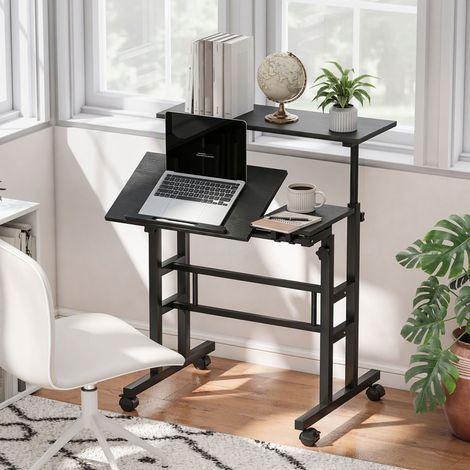 Bureau assis debout bureau réglable en hauteur 70 x 60 cm à roulettes avec plateau inclinable cadre en métal noir (1/5)