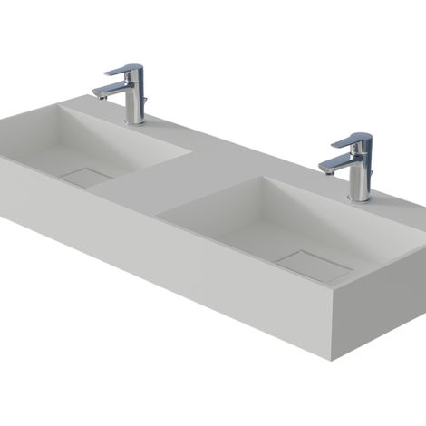BERNSTEIN - Double vasque murale 122x45x15cm en fonte minérale - blanc mat - TWG231 (1/5)