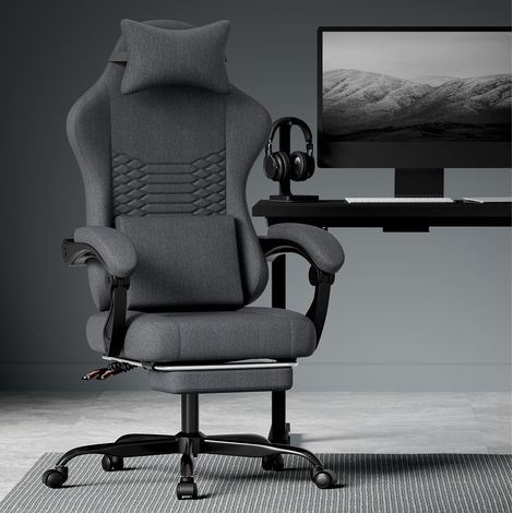 Sedia gaming in tessuto nera con poggiatesta, supporto lombare, schienale 90-135°, poggiapiedi, 77,0 x 57,0 x 25,0 cm (1/5)