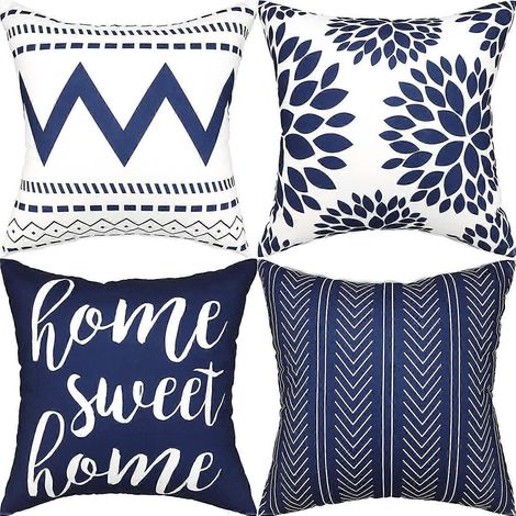 Set mit 4 dekorativen Kissenbezügen 45 x 45 cm, geometrisches Quadratmuster für den Außenbereich, moderner Stil, für Sofa, Schlafzimmer oder Auto, blau.