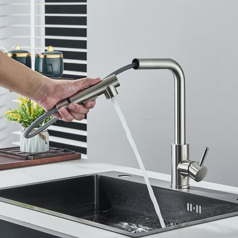 Robinet de cuisine avec robinet de lavabo mobile 2 modes de pulvérisation, rotatif à 360° avec tête de pulvérisation extractible, acier inoxydable SUS304,noir mat (1/5)