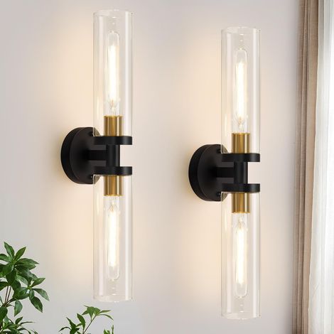 Set mit zwei Wandleuchten, 22 Zoll große schwarze und goldene Badezimmerleuchten mit klarem Glas, moderne festverdrahtete Wandleuchten, Set mit 2 Wandleuchten für Badezimmer, Spiegel, Wohnzimmer, Flur