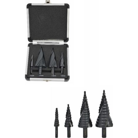 AWTOOLS SET TRAPANI A SPIRALE A GRADINI 4 pz / 4-12 4-20 4-32 4-39mm / AICrN / NERO / CUSTODIA IN PLASTICA (1/2)
