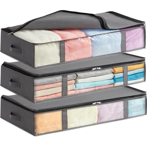 Sacs de Rangement sous Lit, Boite Rangement Vetement Pliable, Housse Rangement Couette,avec Fenêtre Transparente, Gris, 75 L, Lot de 3 (1/5)