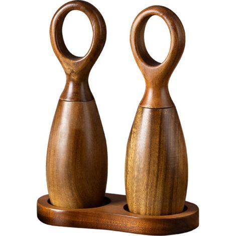 Ensemble moulin à sel et à poivre en bois, rechargeable, à mouture réglable, avec plateau (1/4)