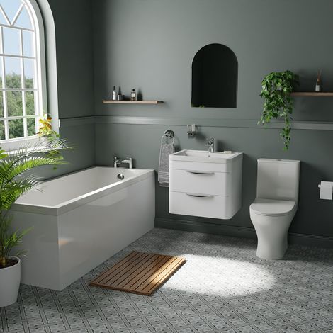 Avon Gloss White 600mm Vanity and 1700mm Straight Single Ended Bathroom Suite including Taps and Wastes (1/5)