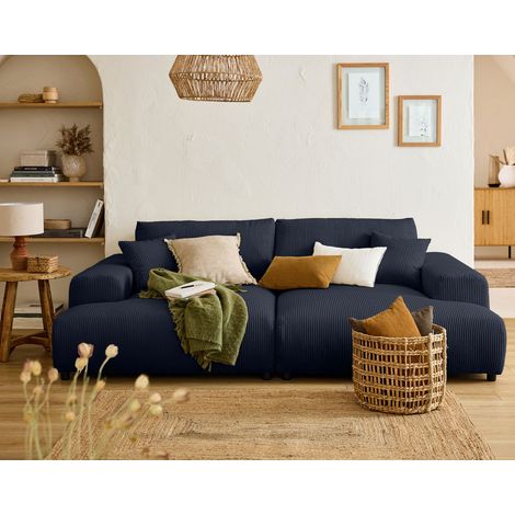 Lisa Design – Canapé droit 4 places en velours côtelé bleu nuit – Assise profonde et large – Double méridienne – Confort haut de gamme (1/5)