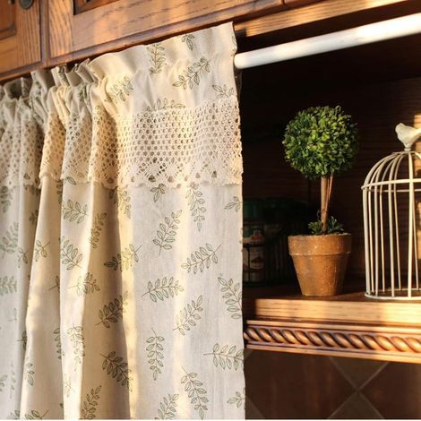 Rideaux de cuisine courts pour petites fenêtres, rideaux à disques en coton et lin, feuilles vertes, beige, opaques, style maison de campagne vintage, demi-cantonnière (140L X 70H cm) (1/5)