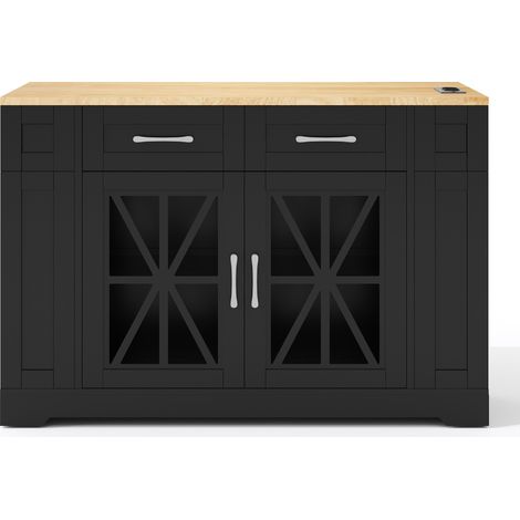 Îlot de cuisine mobile 120 cm avec table pliante, rangement vitré et prises AC/USB - roulettes avec freins (1/5)