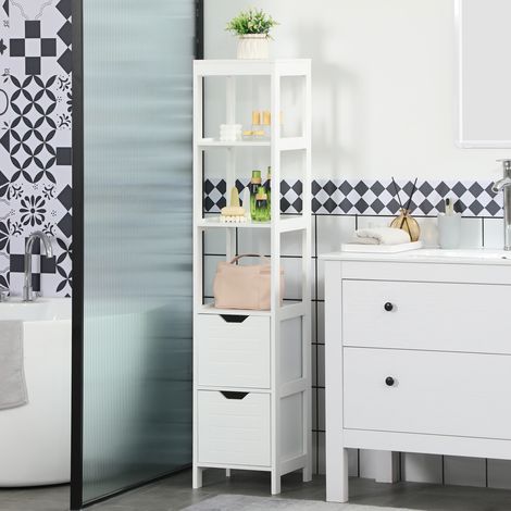 Kleankin Badezimmer-Säulenschrank, hohes Aufbewahrungsmöbel mit 3 Ablagen und 2 Schubladen aus Holz – 30 x 30 x 144 cm