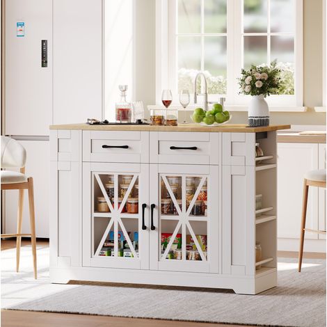 Isola da cucina 120x40x92 cm bianco e naturale in MDF con tavolo pieghevole, prese AC/USB, ante in vetro e ruote (1/5)