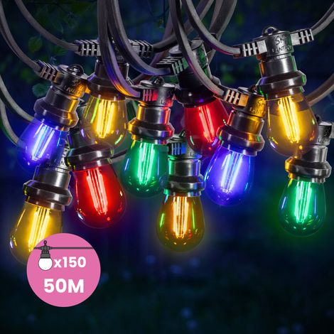 Guirlande Guinguette 50M 150 Bulbes Filament Rouge Bleu Jaune Vert - Guirlande Lumineuse Ampoule E27 Multicolore (1/5)