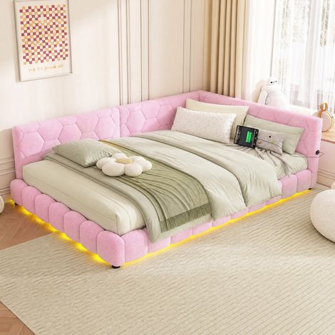 Letto giorno 140x200 cm con rete, LED 16 colori, USB-C, rosa HAVRYA (1/5)