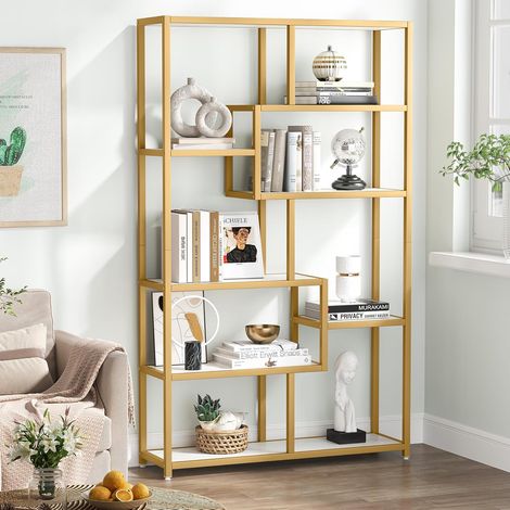 Tribesigns Bücherregal, 180cm Büroregal mit 8 offene Ablagen, Regal mit Metallrahmen, Moderne Gold Standregal für Wohnzimmer, Arbeitszimmer, Büro, weiß+Gold (1/5)