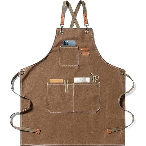 Tablier de chef, tablier de jardinage en toile de coton avec grandes poches pour hommes et femmes, bavoir de cuisine, tablier de jardinage réglable et résistant - Café (1/5)