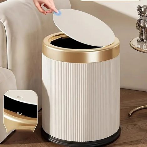 An elegant round ABS plastic trash can with a lid, cream color, 12 liters, perfect for home, office and school use. (1/5)