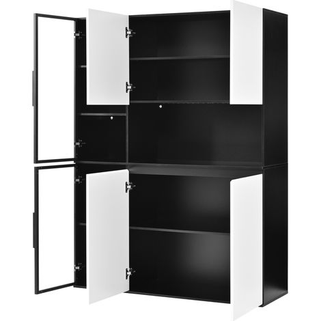 Credenza alta moderna bianco e nero in MDF con vetri e LED integrati 120 x 40 x 160 cm (1/5)