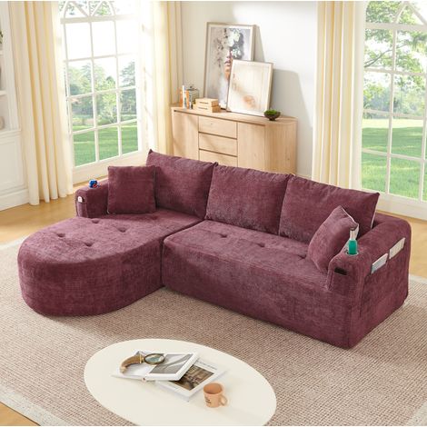 Divano angolare a L con portabicchieri in acciaio inox, tasche laterali, senza montaggio, tessuto in lino, Claret Red (1/5)