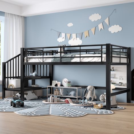 cama alta con escalera de almacenaje metal 90x200 OKMYHOME (1/5)