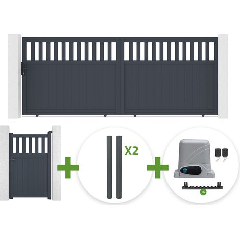 Portail coulissant 4m SANTIS H.160cm aluminium gris + 4 poteaux ELDA + Portillon 1m SANTIS H.160cm aluminium gris + motorisation Ranger C300 (1/5)