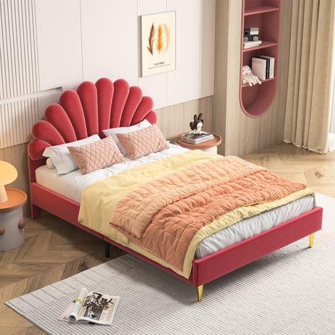 Sureh – Lit double capitonné 140x200 cm – Tissu velours rouge – Structure en bois massif – Sommier à lattes non inclus – Capacité de charge 250 kg (1/5)