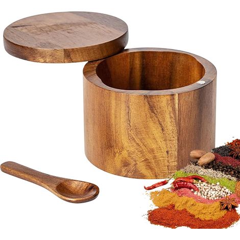 1 Boîte à Sel en Bambou, Couvercle Magnétique, Cuillère Incluse, Pour Épices et Condiments, Cuisine (1/5)